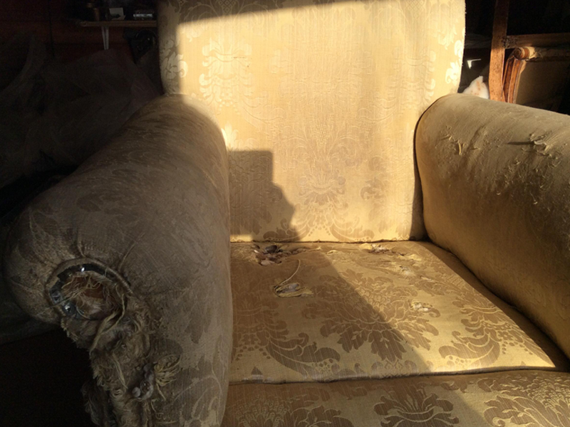 old armchair with worn fabric